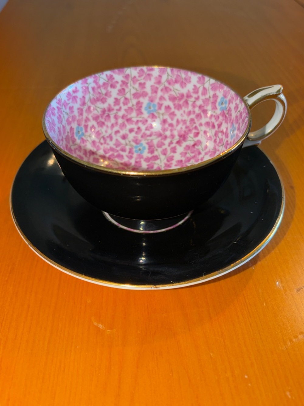 Windsor Fine Bone China Black Teacup & Saucer with Pink Floral Interior